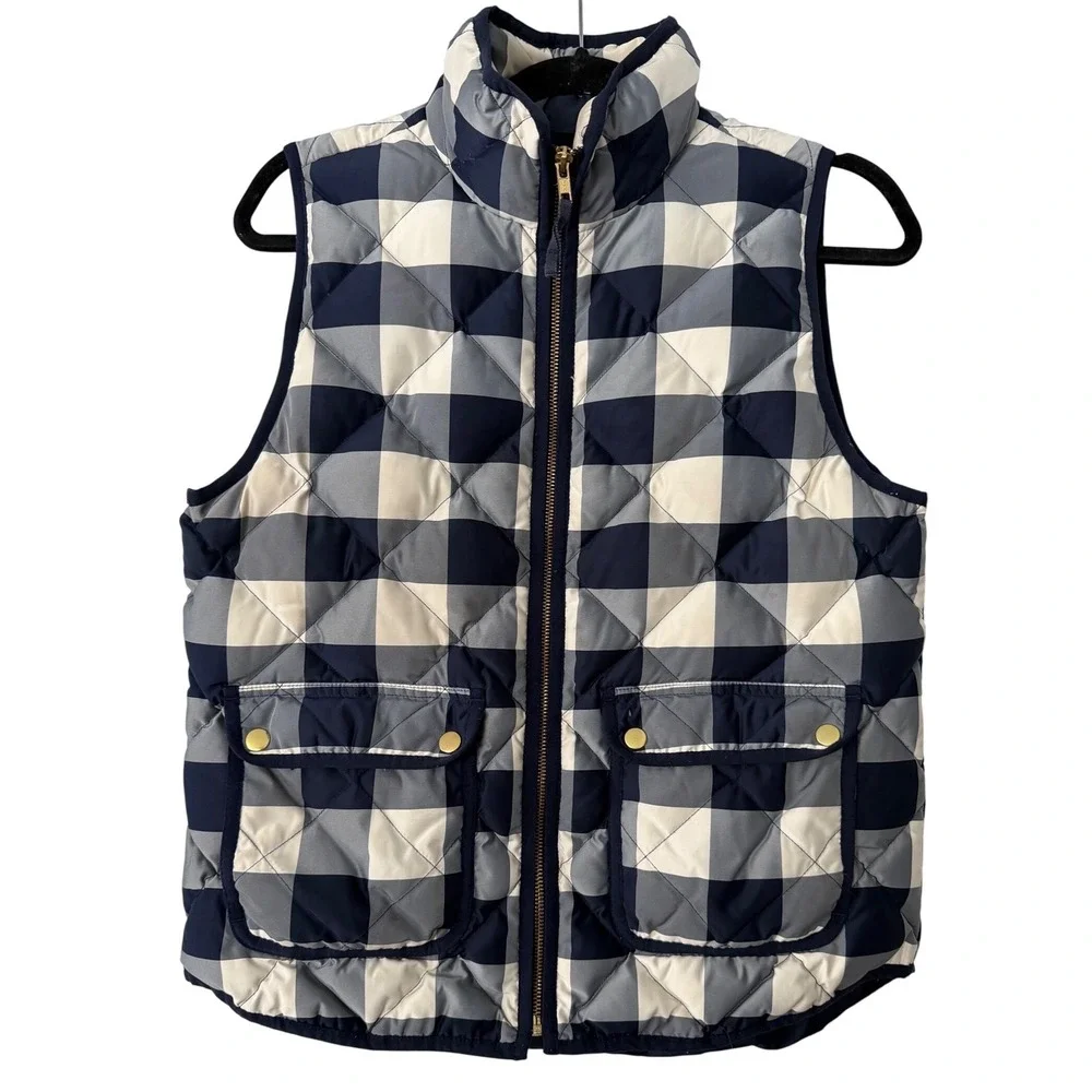 J Crew‎ Quilted Puffer Vest Excursion Medium Navy White Buffalo Check Gilet